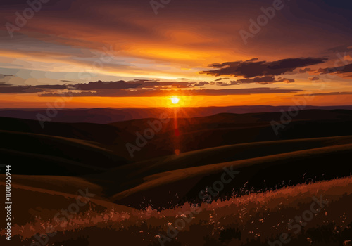 A sunset over dark rolling hills with golden light filtering through scattered clouds