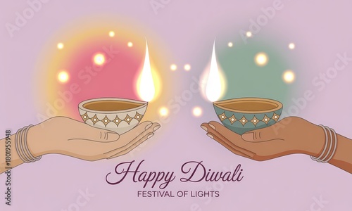 Two Hands Offering Glowing Diyas For Diwali Celebration.