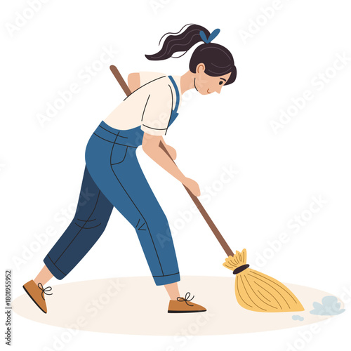 Woman sweeping dust with broom, cleaning floor. House cleaner or janitor at work. Housekeeping concept for chore illustration.