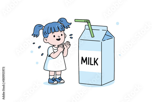 A happy child reaches for a carton of milk with a straw.