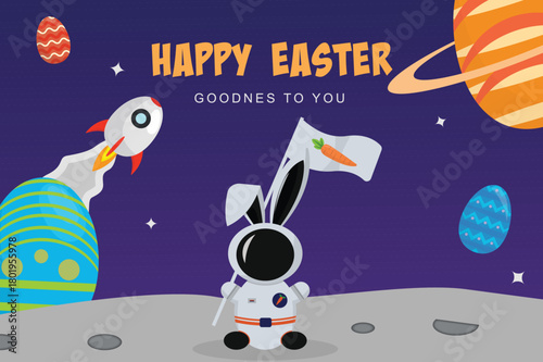 Happy easter space banner with rocket  planets astronauts and eggs