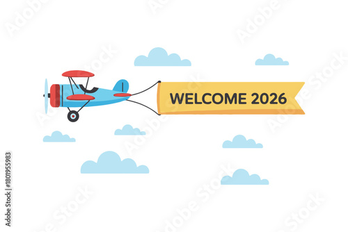 A small biplane flies through the sky, towing a banner that reads "WELCOME 2026".