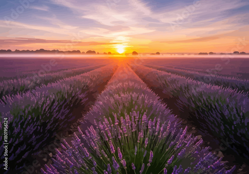 Lavender field at sunrise purple rows lead to a sunlit horizon with trees and sky