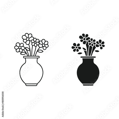 Two flower vases, one in outline and one in solid, isolated on