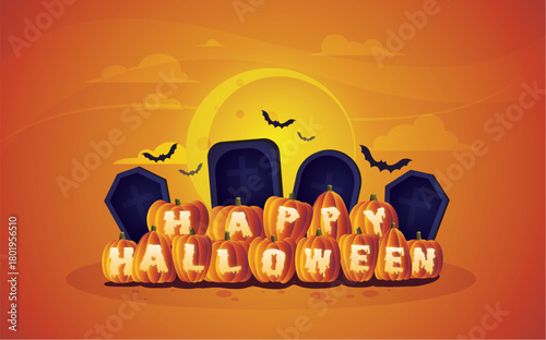  Happy halloween pumpkin and graveyard background party