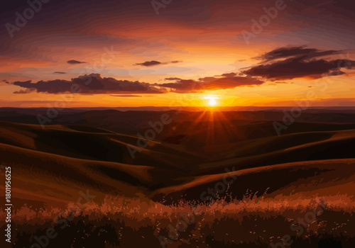 Sunset over rolling hills with light rays clouds and tall grass