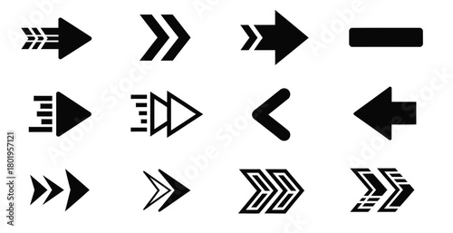 Collection of twelve diverse black arrow icons representing direction and movement on a white background