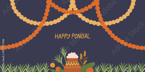 Happy Pongal banner for traditional Indian harvest festival. Hand drawn Pongal pot, marigold garlands and sugarcane. Hand lettering for invitations, cards and posters.