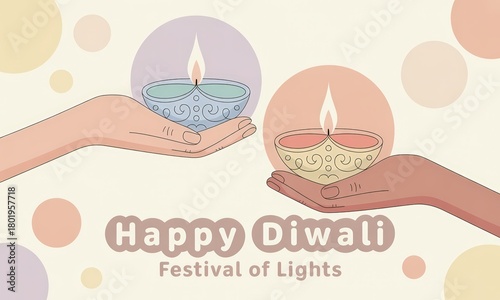 Happy Diwali festival of lights illustration showing hands holding glowing diyas.
