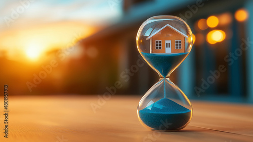 House hourglass with blue sand forming small house inside glass symbolizing mortgage time pressure at sunset emotional calm hope