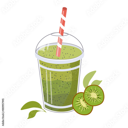 Kiwi smoothie in a plastic cup with a straw. Healthy drink concept for summer. Fresh fruit beverage for cafes.