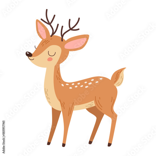 Cute cartoon deer with antlers. Woodland animal character for kid design. Sweet forest fawn illustration for children book.