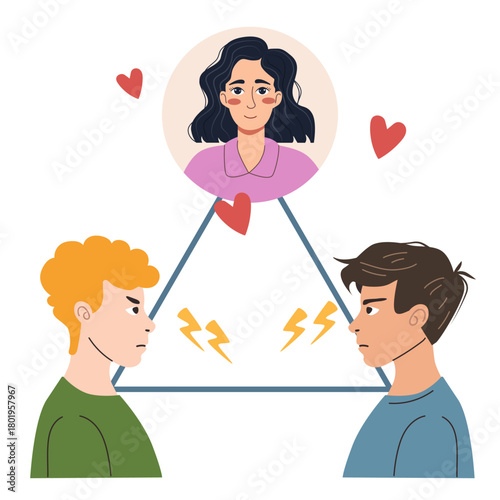 Two men in conflict over woman, depicting a love triangle and rivalry. Interpersonal relationship struggle and competition for affection concept.