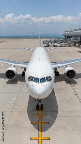 Commercial airplane jet parked airport runway blue sky,vertical video