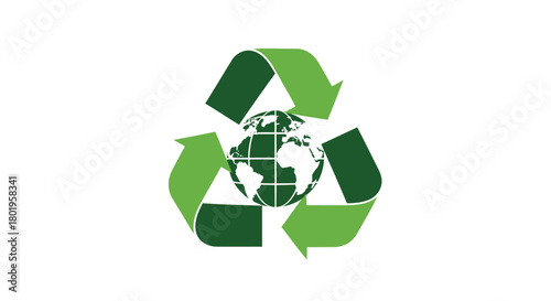 Green recycling symbol encircling a stylized globe representing environmental conservation and sustainability efforts worldwide