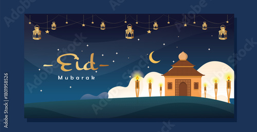 ramadan kareem night ied mubarak banner background  template lantern and mosque