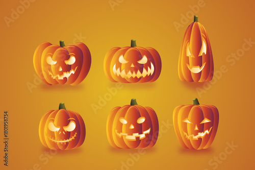 Scary halloween pumpkin set realistic style