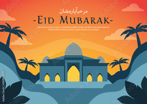 sunset ramadan kareem ied mubarak banner background  template with person praying and mosque