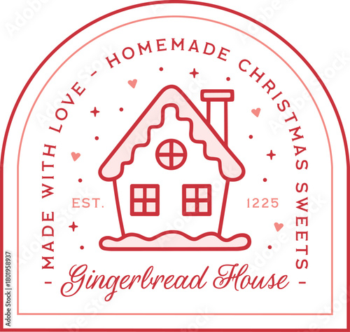 Gingerbread house logo label pink coquette aesthetic homemade Christmas sweets sticker made with love tag. Girly retro vintage holiday season traditional xmas treats packaging design isolated clipart.