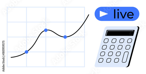 Line graph with rising trend, point markers, live update button, and calculator. Ideal for finance, statistics, budgeting, planning, growth tracking education simple flat metaphor