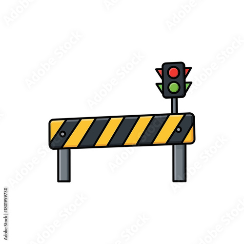 Traffic Signal with Yellow and Black Barrier Isolated on White Background