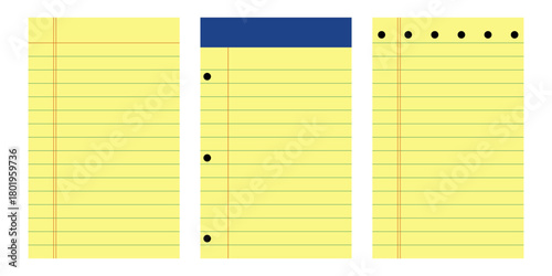 Legal Yellow Vertical Paper Line Notebook Collection. Lined Note Pad Memo Texture. Vector Illustration