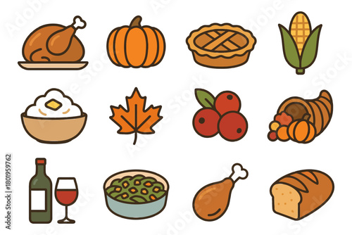 Thanksgiving harvest icons: turkey, pumpkin, pie, corn, and fall symbols.