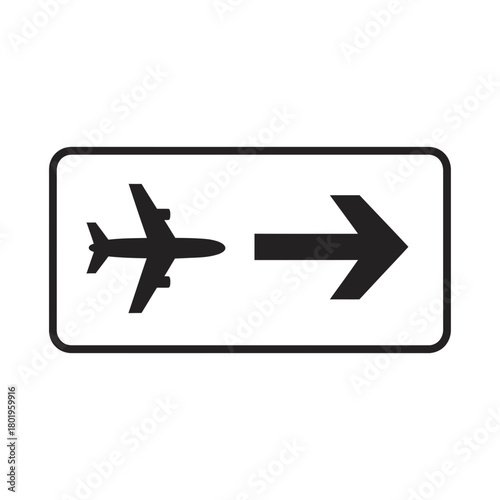 Airplane Departure Sign: A stark black and white depiction of an airplane and directional arrow, symbolizing travel and the commencement of a journey.