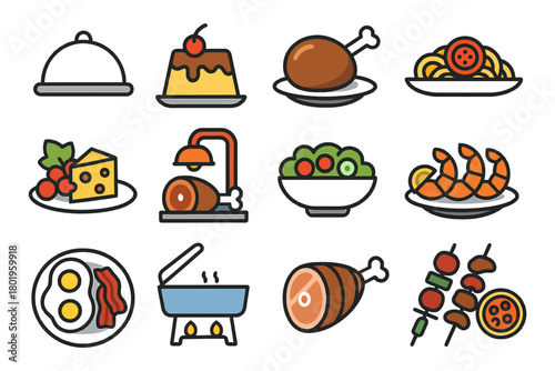 Colorful food icons featuring meat, desserts, salads, and seafood.