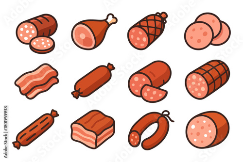 Variety of cartoon cured meats and sausages on white background.