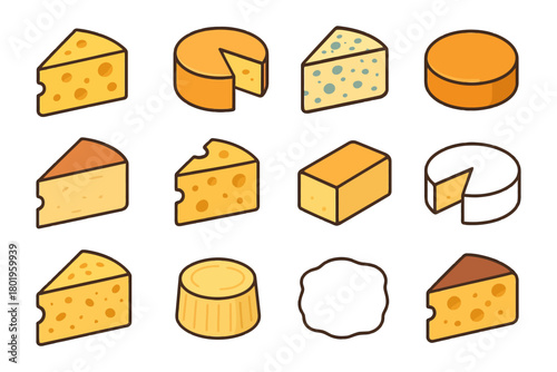 Assorted cheese icons collection: slices, wheels, blocks.