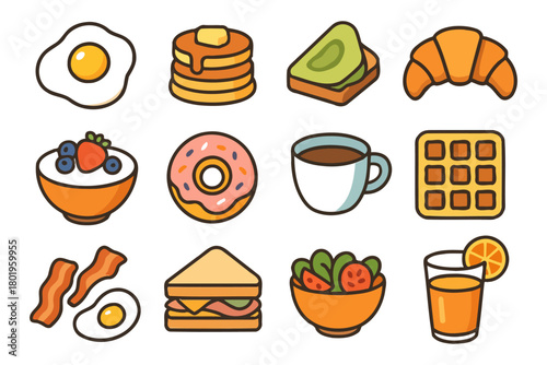 Variety of breakfast foods: eggs, pancakes, fruit, and more.