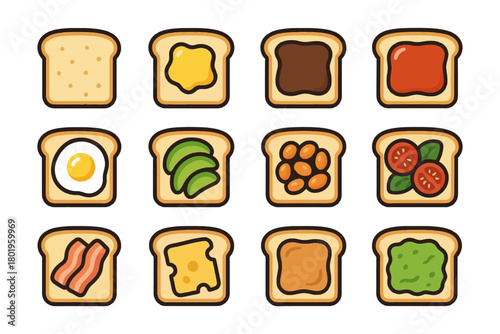 Illustrated toast variety with condiments and toppings.