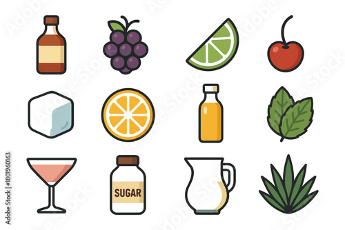 Colorful cocktail ingredients: fruit, herbs, and mixers illustrated collection.