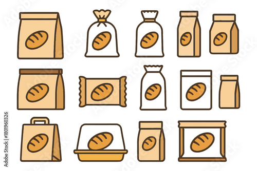 Various bread packaging designs: boxes, bags, and containers.