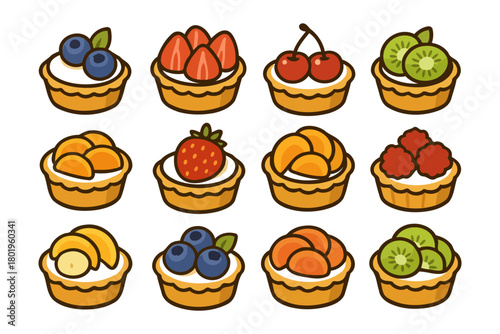 Assorted fruit tart collection with blueberries, cherries, kiwi, and more.