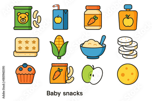 Colorful assortment of baby snacks icons featuring food and drinks.