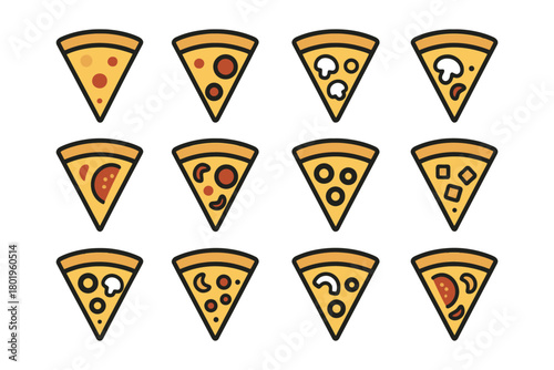 Twelve pizza slice variations with different toppings on white background.