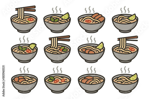 Illustrated collection of various bowls of ramen with toppings and chopsticks.