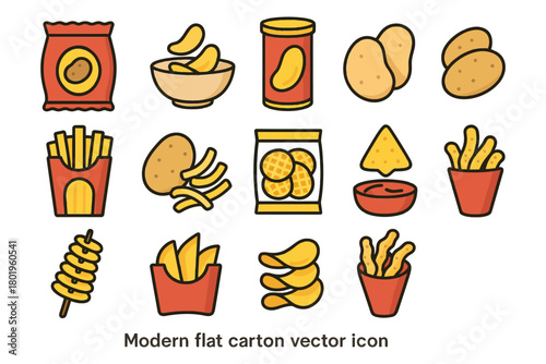 Assorted snack icons: chips, fries, potato, snacks, dips.