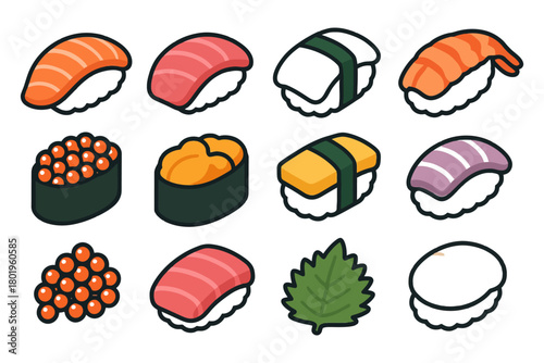 Assorted sushi icons: nigiri, roe, sashimi, and more.