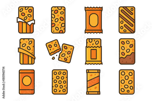 Assorted snack bars in colorful wrappers with various textures and patterns.
