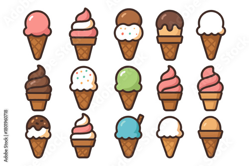 Assorted colorful ice cream cones in various flavors and styles.