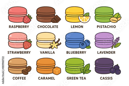 Colorful assorted macarons with various flavors and fruits.