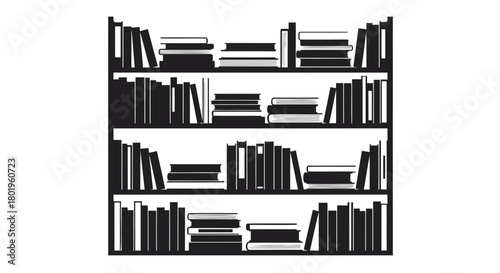 Silhouette of a tall bookshelf filled with a variety of books on four shelves