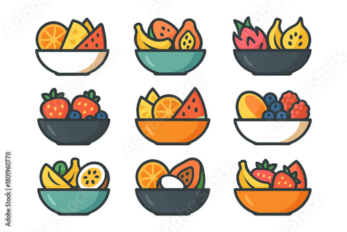 Colorful hand-drawn bowls of fresh mixed fruits illustration collection.
