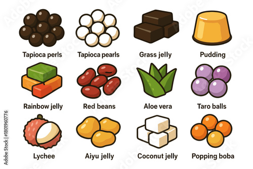 Assorted desserts: tapioca pearls, grass jelly, pudding, aloe vera, lychee, red beans.