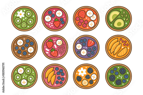 Colorful assortment of fruit smoothie bowls with varied toppings.