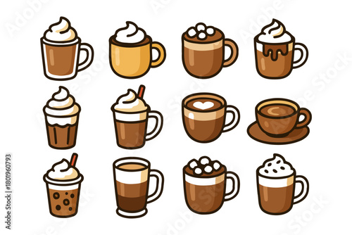 Assorted coffee mug icons featuring cappuccino, latte, espresso, and mocha designs.