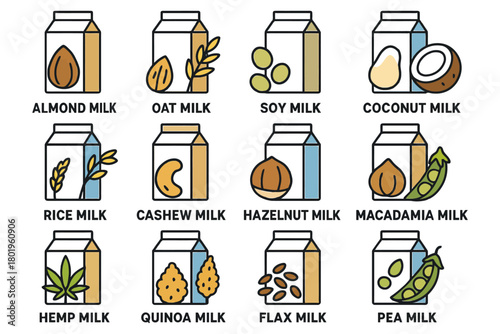 Variety of plant-based milk alternatives in cartons.
